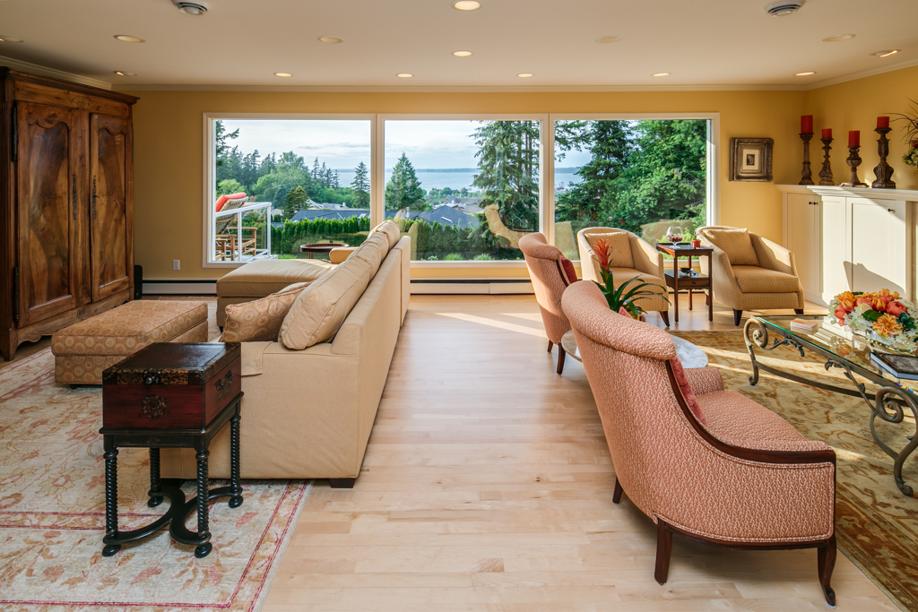 Property Photo: Living room with amazing views beyond 233 Middlefield Rd  WA 98225 